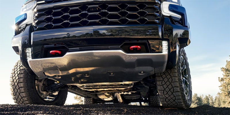 Low-angle view of rugged truck front.